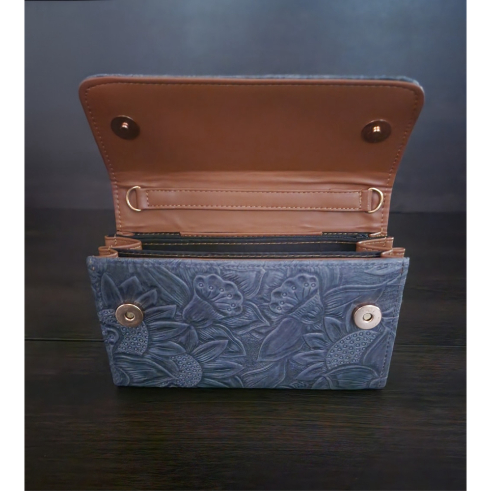 Light Blue Gray Sunflower Embossed Tooled Artisan LEATHER Crossbody Bag Purse - Picture 10 of 15